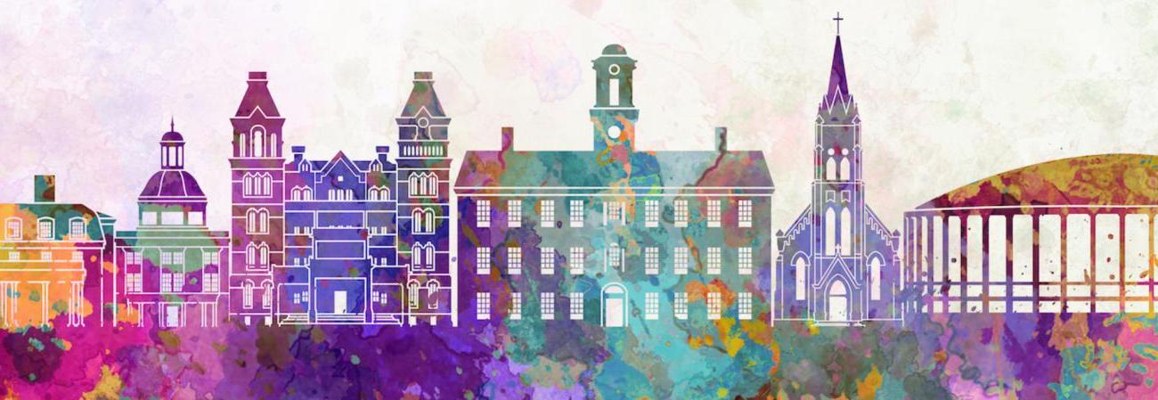 Artistic rendering of colorful campus buildings